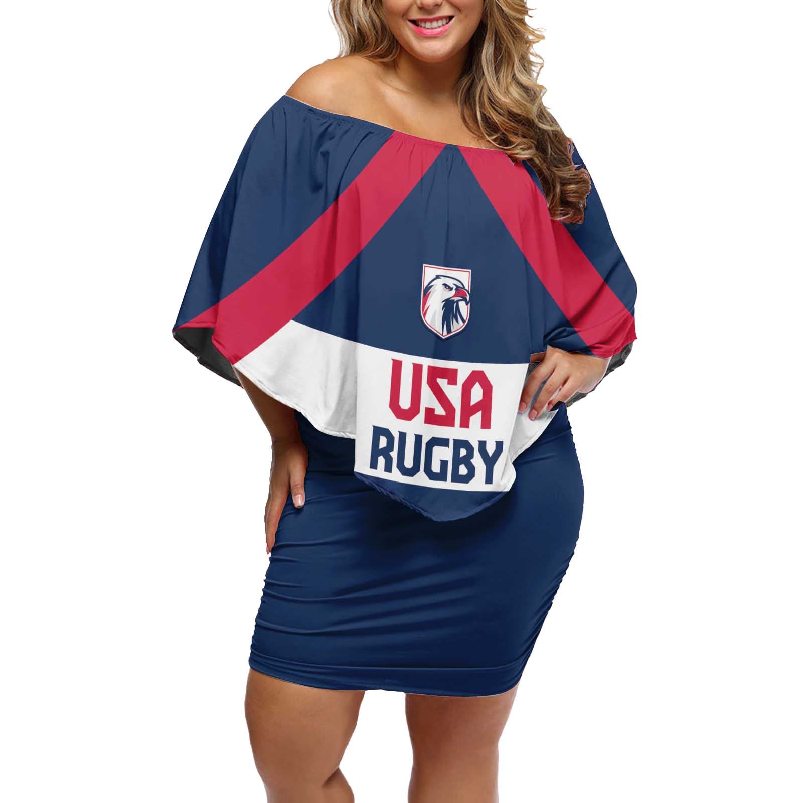 Custom USA Rugby 2024 Off Shoulder Short Dress Eagles Reigns Supreme Blue Version LT05 - Wonder Print Shop