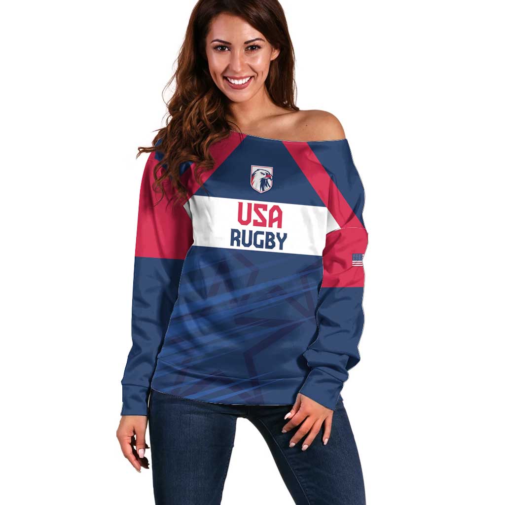 Custom USA Rugby 2024 Off Shoulder Sweater Eagles Reigns Supreme Blue Version LT05 - Wonder Print Shop