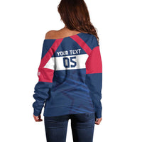 Back view: blue off-shoulder rugby sweater with red stripes, YOUR TEXT and DS
