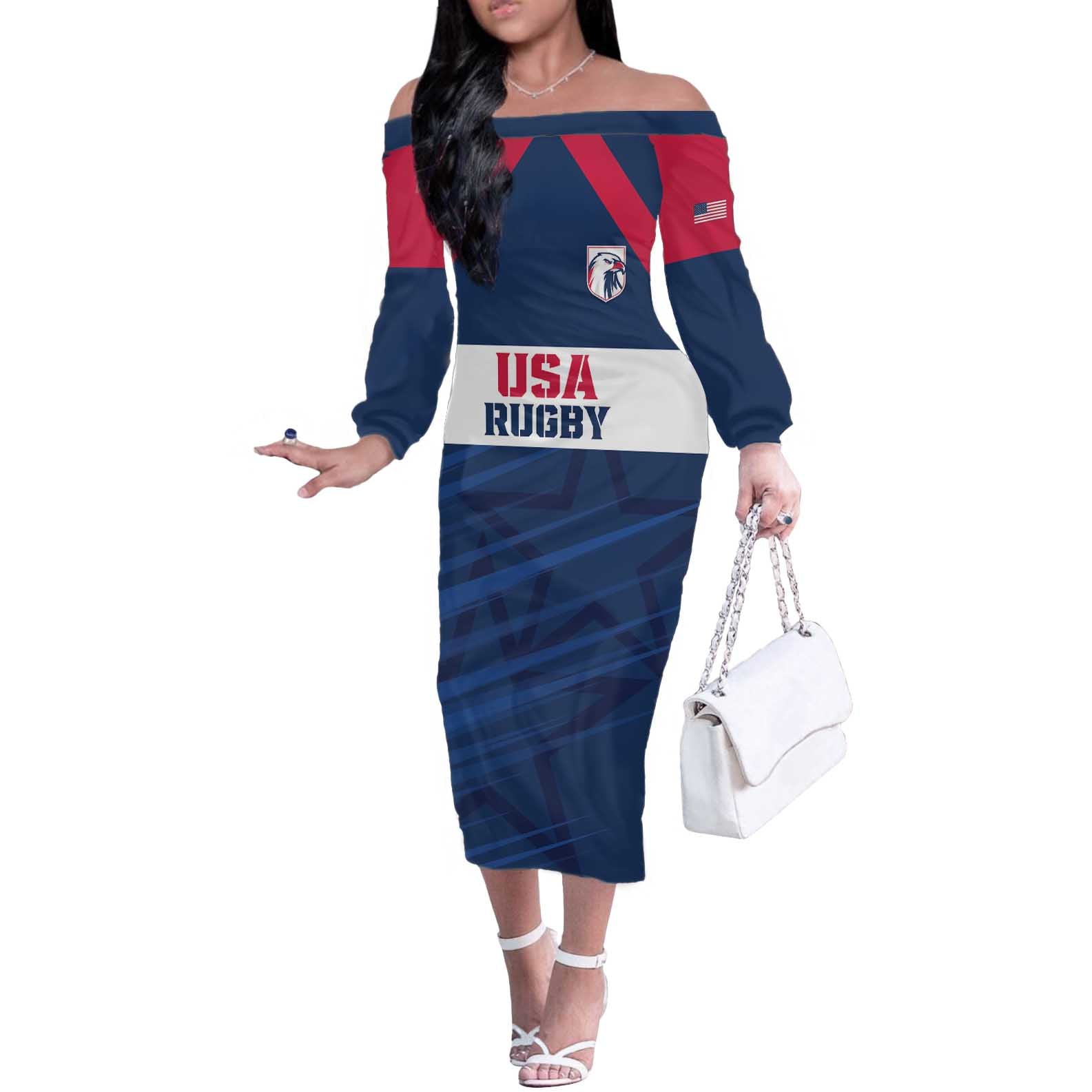 Custom USA Rugby 2024 Off The Shoulder Long Sleeve Dress Eagles Reigns Supreme Blue Version LT05 - Wonder Print Shop