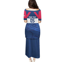 Long blue rugby-style back dress with red sleeves, 'YOUR TEXT' and '05' on white panel