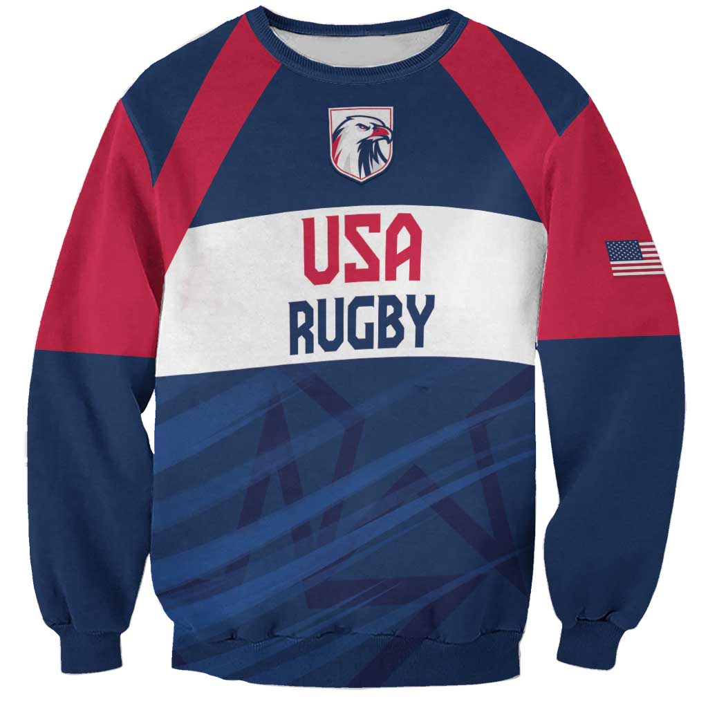 Rugby sweatshirt with red and navy stripes, USA Rugby logo and text on front