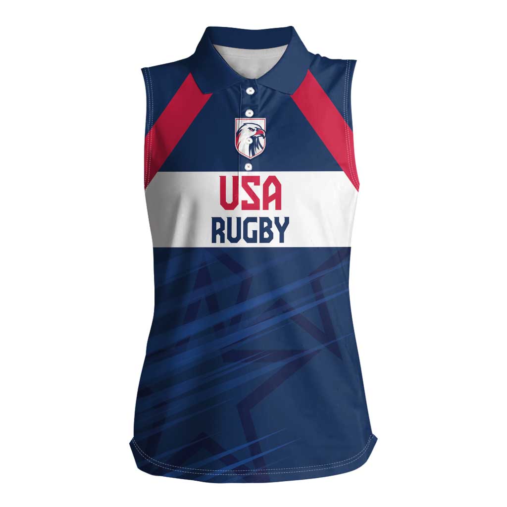 Custom USA Rugby 2024 Women Sleeveless Polo Shirt Eagles Reigns Supreme Blue Version