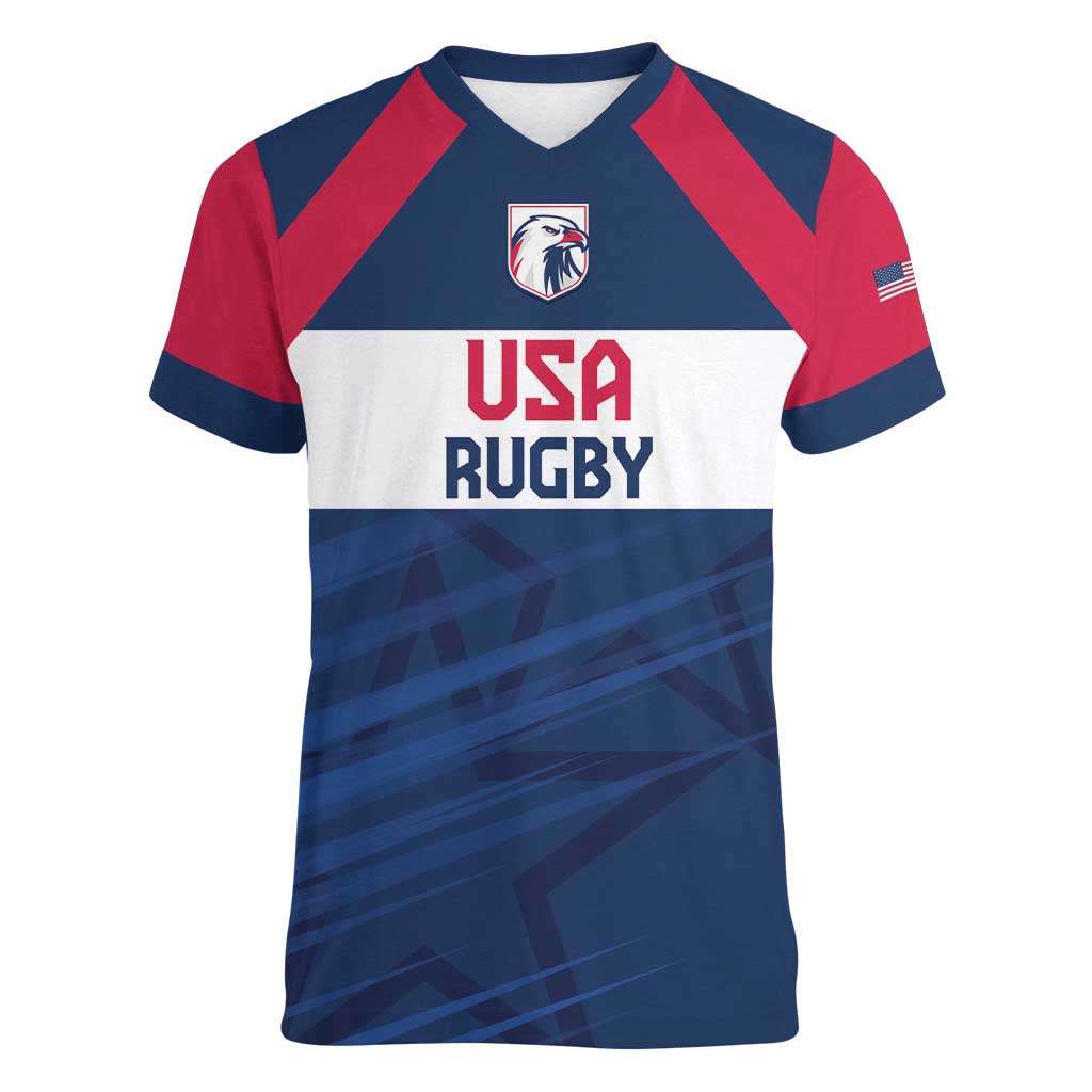 Custom USA Rugby 2024 Women V-Neck T-Shirt Eagles Reigns Supreme Blue Version