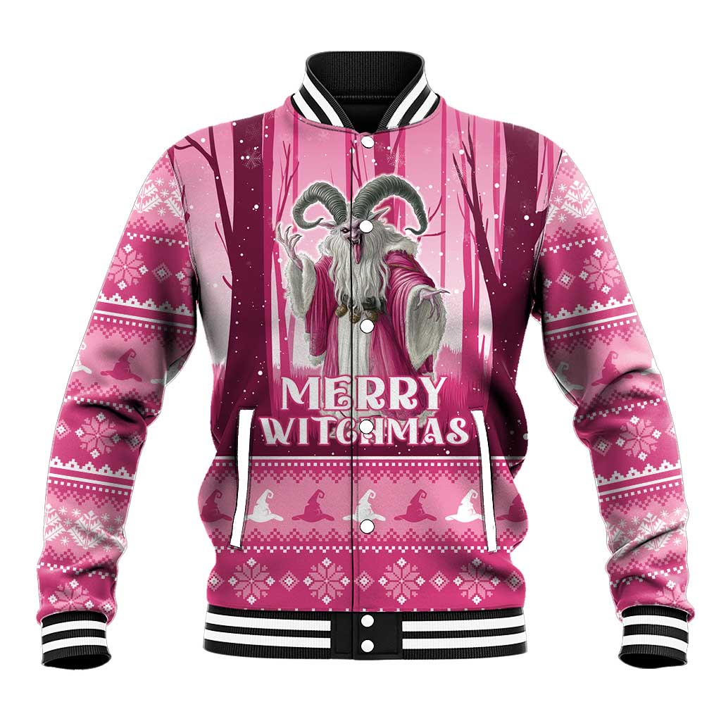 Pink baseball jacket with striped collar and front 'Merry Witchmas' witch graphic