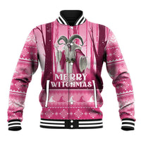 Pink baseball jacket with striped collar and front 'Merry Witchmas' witch graphic
