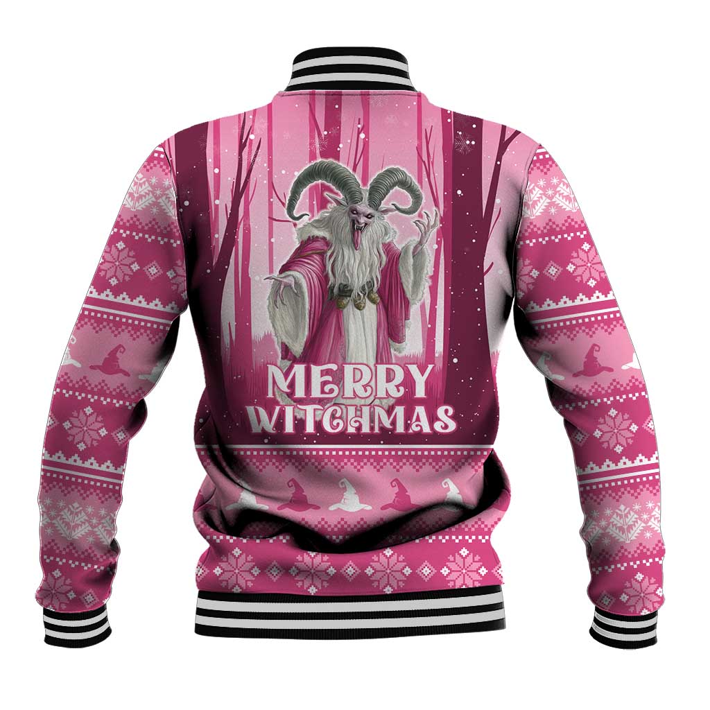 Pink baseball jacket back view with striped collar and 'Merry Witchmas' witch graphic
