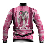Pink baseball jacket back view with striped collar and 'Merry Witchmas' witch graphic