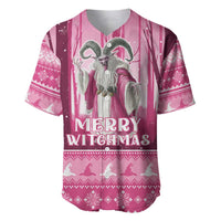 Pink baseball jersey with horned witch graphic and 'MERRY WITCHMAS' text