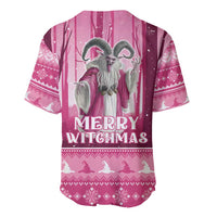 Pink baseball jersey with horned witch graphic and 'MERRY WITCHMAS' on back