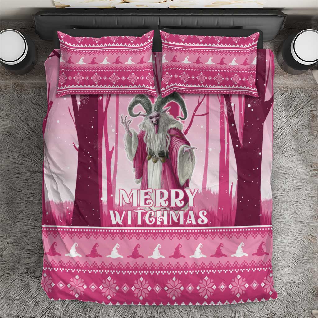 Pink Christmas witch bedding set with “Merry Witchmas” front design and patterned borders