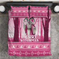 Pink Christmas witch bedding set with “Merry Witchmas” front design and patterned borders