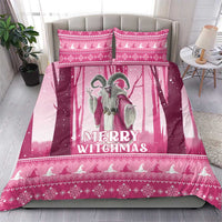 Pink “Merry Witchmas” witch bedding set with decorative border stripes and matching pillowcases
