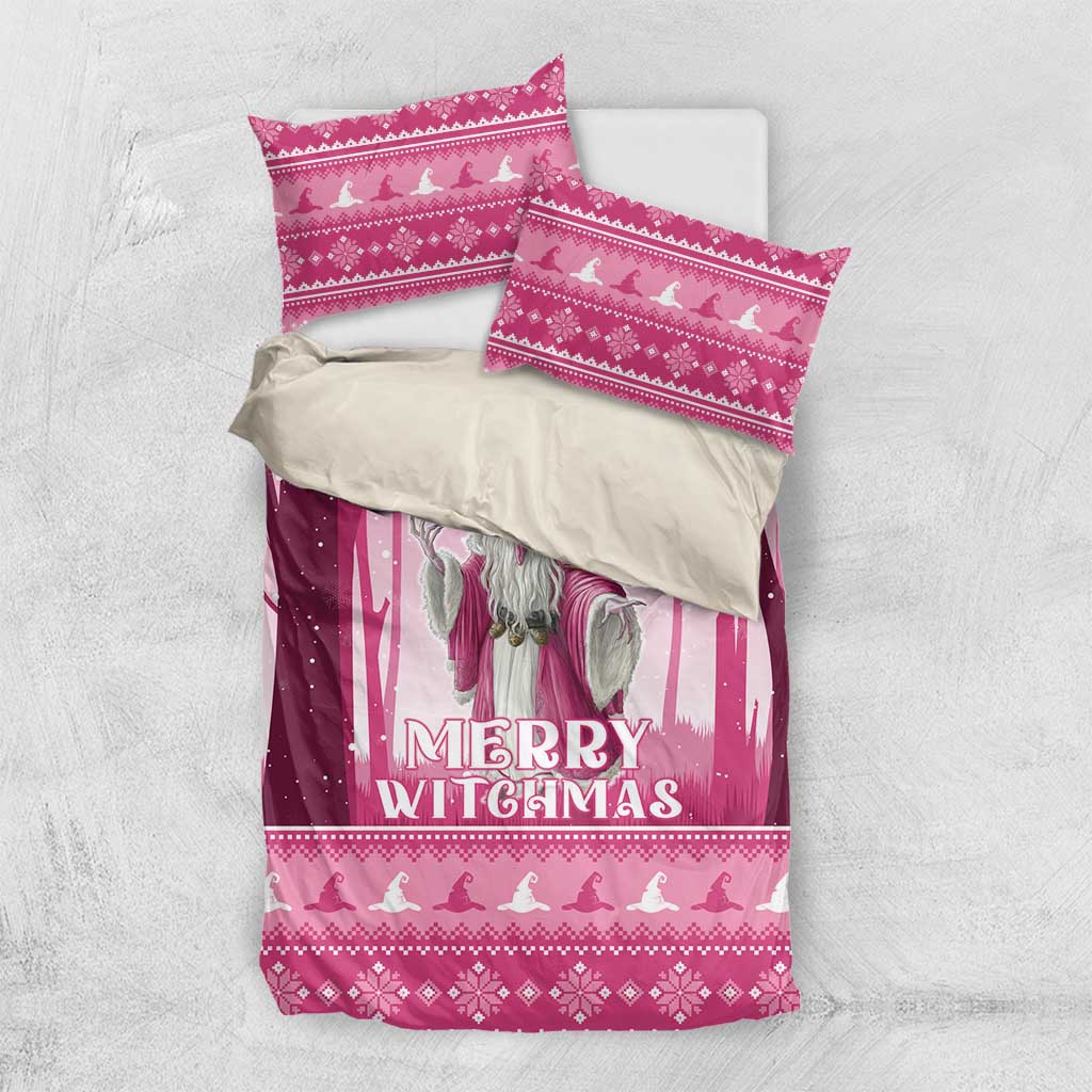 Pink Christmas witch bedding set with “Merry Witchmas” on duvet and three coordinating pillows