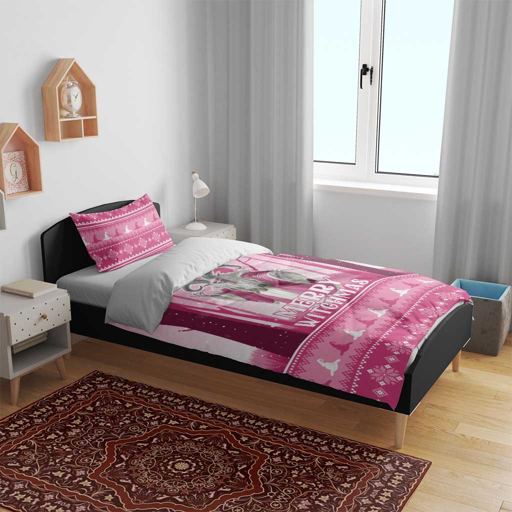 Pink Christmas witch bedding set with “Merry Witchmas” panel and matching pillow shams