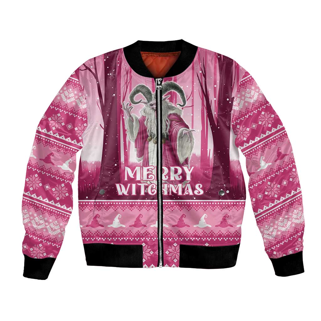 Unisex pink bomber jacket with witch graphic, 'Merry Witchmas' print, full-zip, black rib trim.