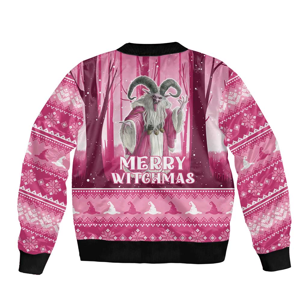 Unisex pink bomber jacket back shows witch graphic and 'Merry Witchmas' text, black rib cuffs/hem.