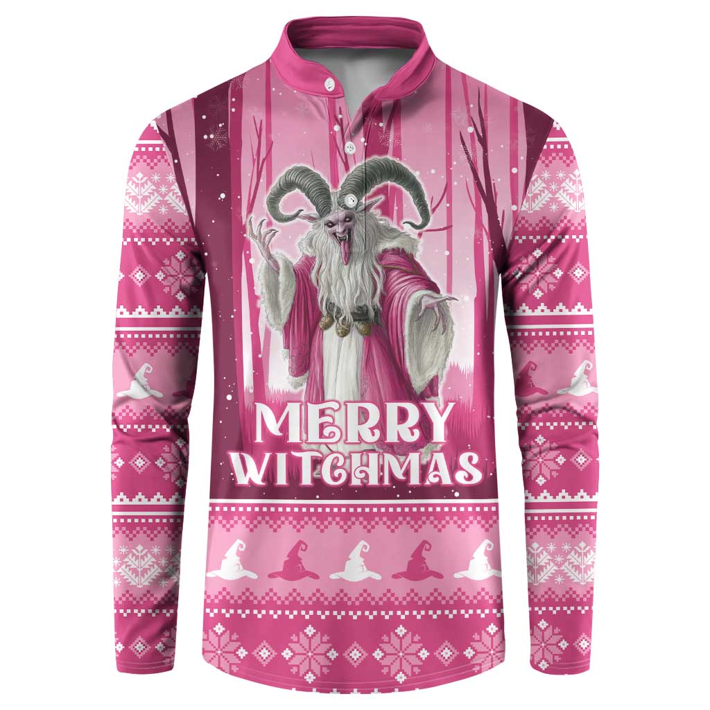 Pink button sweatshirt with gray witch artwork and "Merry Witchmas" text