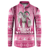 Pink button sweatshirt with gray witch artwork and "Merry Witchmas" text