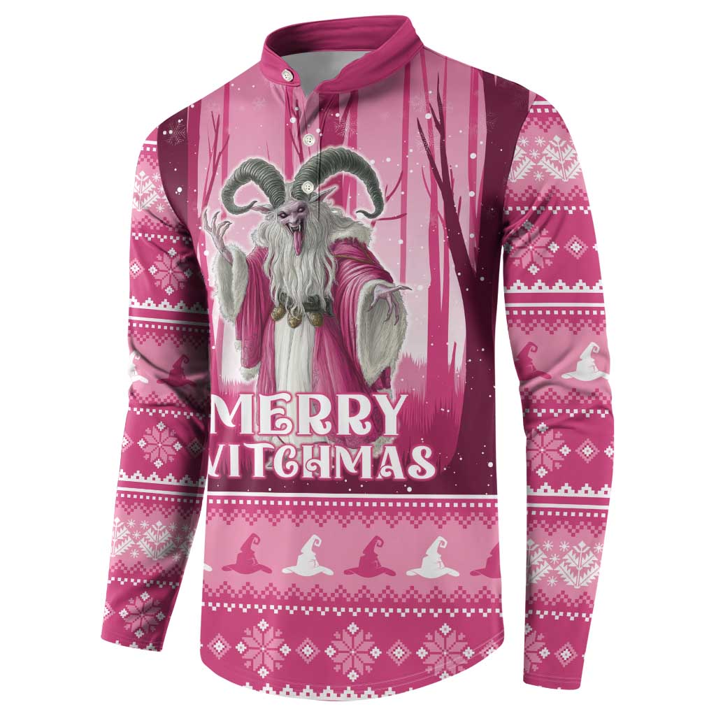 Pink button sweatshirt with "Merry Witchmas" graphic and gray witch figure