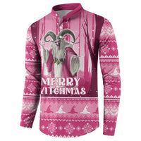 Pink button sweatshirt with "Merry Witchmas" graphic and gray witch figure