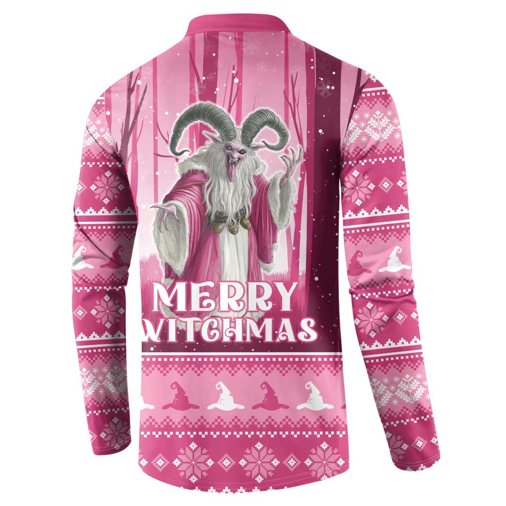 Pink button sweatshirt back with gray witch figure and "Merry Witchmas" lettering