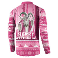 Pink button sweatshirt back with gray witch figure and "Merry Witchmas" lettering