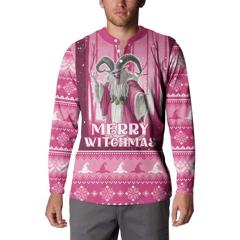 Pink button sweatshirt on model, gray witch print and "Merry Witchmas" design