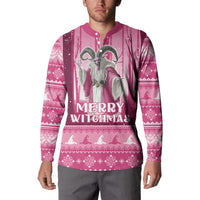 Pink button sweatshirt on model, gray witch print and "Merry Witchmas" design