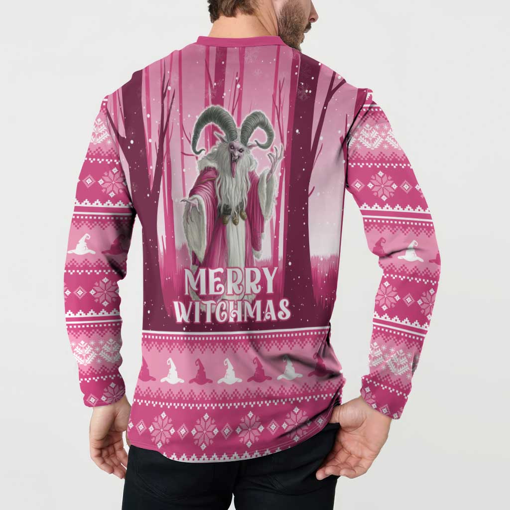Pink button sweatshirt back view with gray witch print, "Merry Witchmas" and witch silhouettes