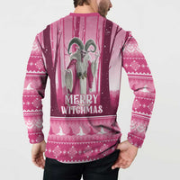 Pink button sweatshirt back view with gray witch print, "Merry Witchmas" and witch silhouettes
