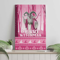 Pink canvas wall art featuring a gray witch holding a staff and “Merry Witchmas”