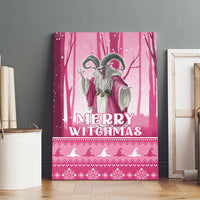 Pink canvas wall art showing a gray witch with “MERRY WITCHMAS” lettering and motif band