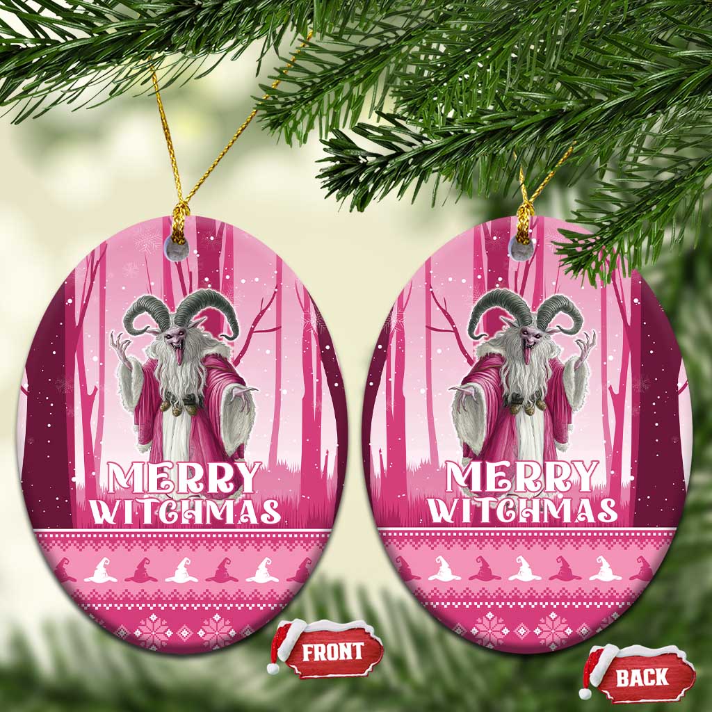 Pink round ceramic witch ornament with loop and “Merry Witchmas” print
