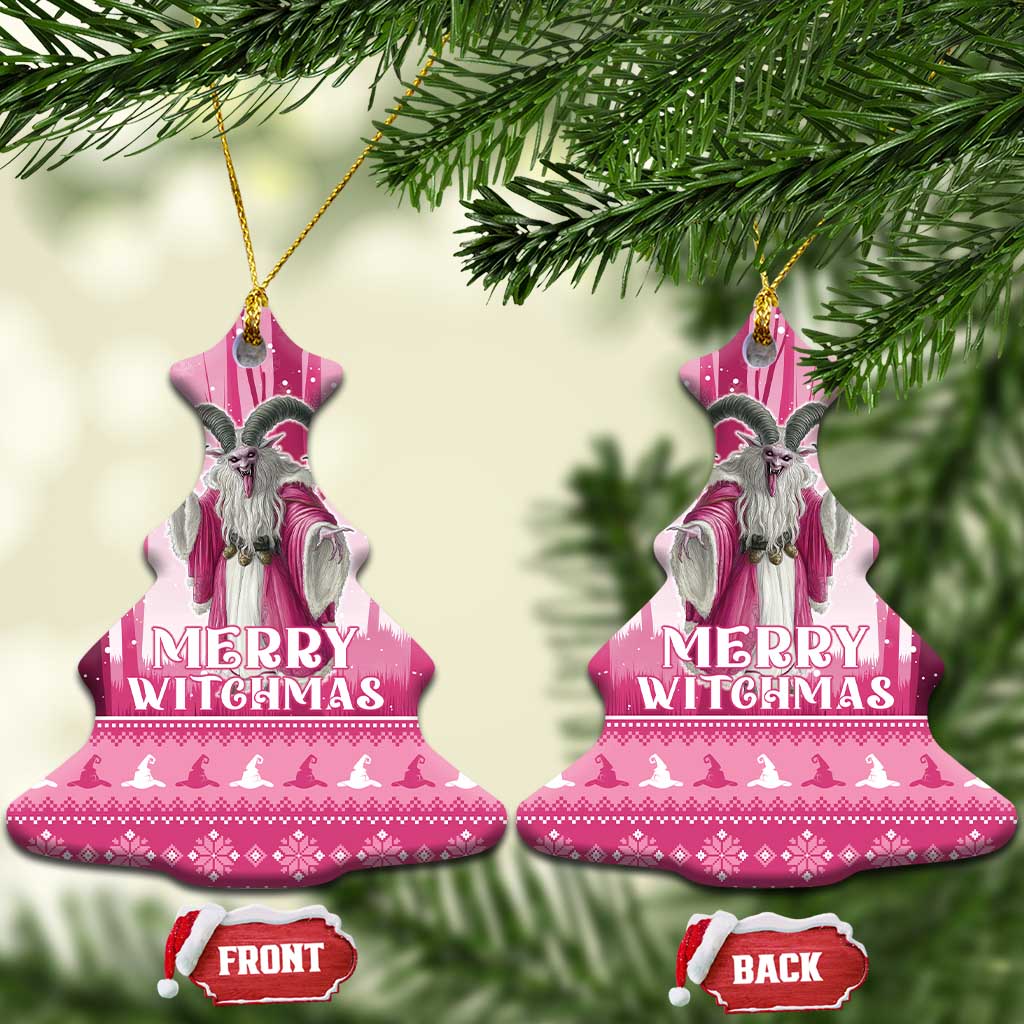 Pink bell-shaped ceramic witch ornament with loop and “Merry Witchmas” print