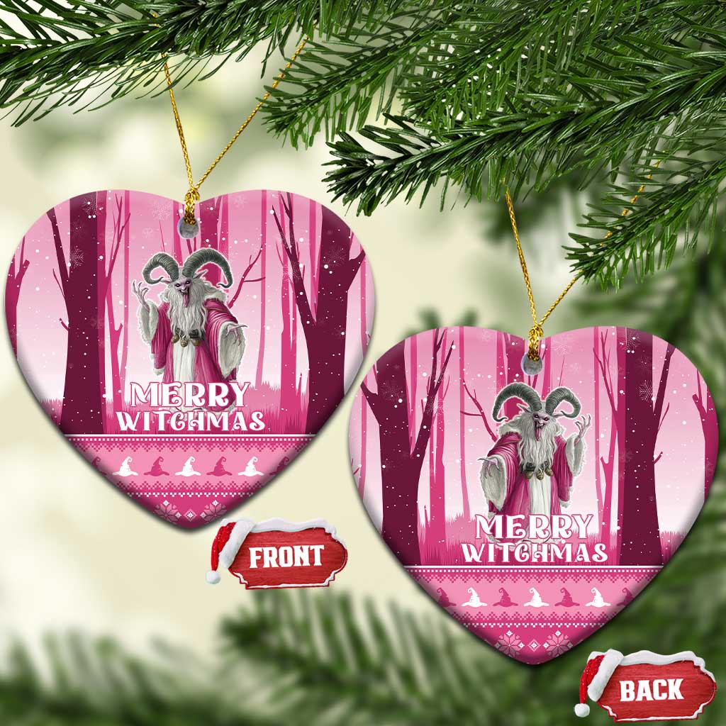 Pink heart-shaped ceramic witch ornament with loop and “Merry Witchmas” print