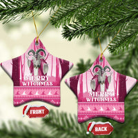 Pink star-shaped ceramic witch ornament with loop and “Merry Witchmas” print