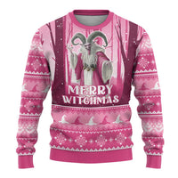 Pink ugly Christmas sweater with witch and 'Merry Witchmas' front graphic