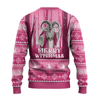 Pink ugly Christmas sweater back view with witch and 'Merry Witchmas' print