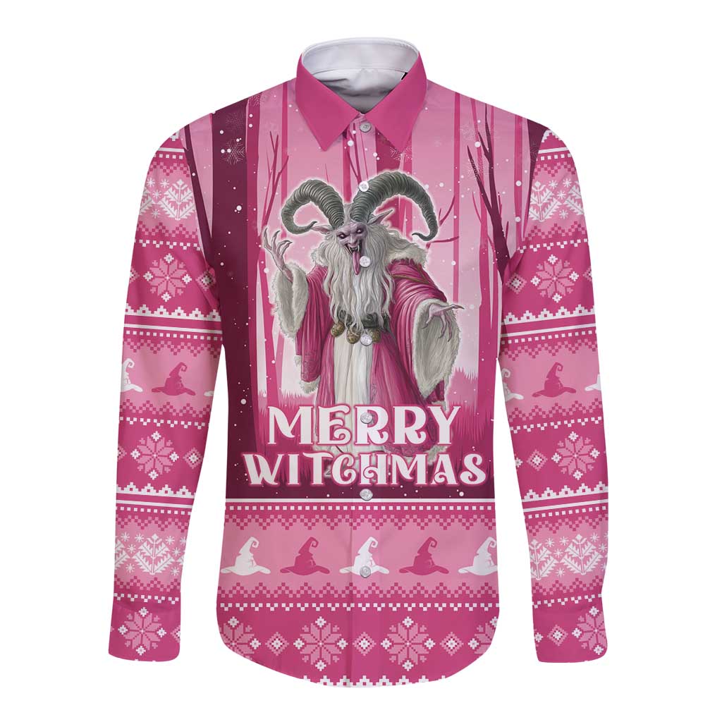 Unisex pink long-sleeve button shirt with Merry Witchmas front graphic