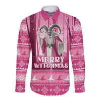 Unisex pink long-sleeve button shirt with Merry Witchmas front graphic