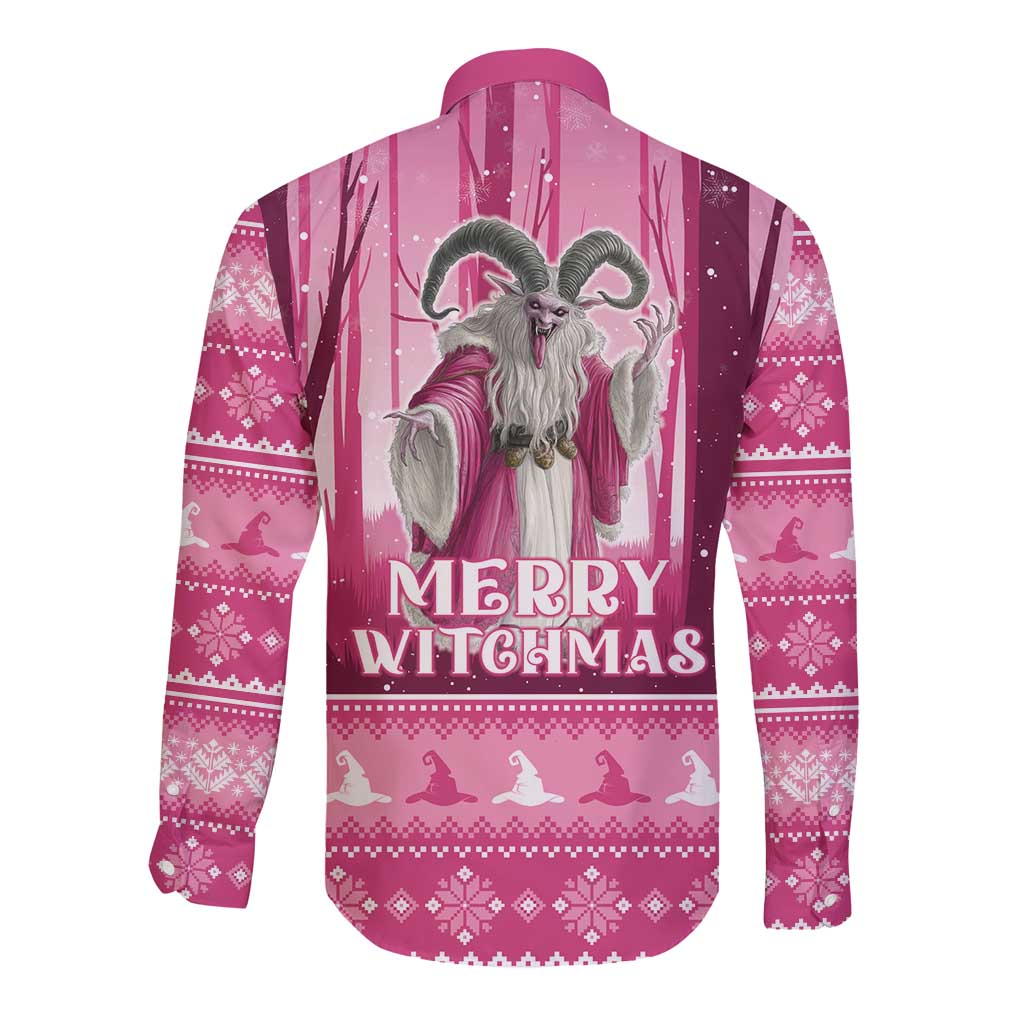 Unisex pink long-sleeve button shirt with Merry Witchmas back graphic