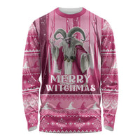 Pink long-sleeve shirt with gray witch cat graphic and 'Merry Witchmas' text
