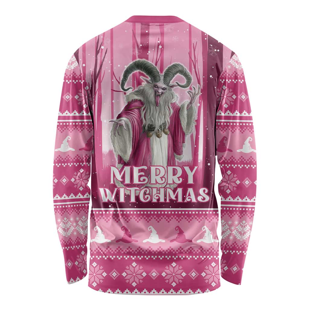 Pink long-sleeve shirt with back witch graphic and 'Merry Witchmas' lettering