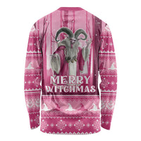 Pink long-sleeve shirt with back witch graphic and 'Merry Witchmas' lettering