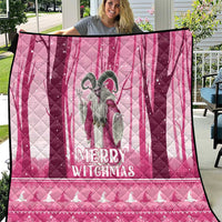 Pink quilt with black border, gray witch figure, and “Merry Witchmas” text