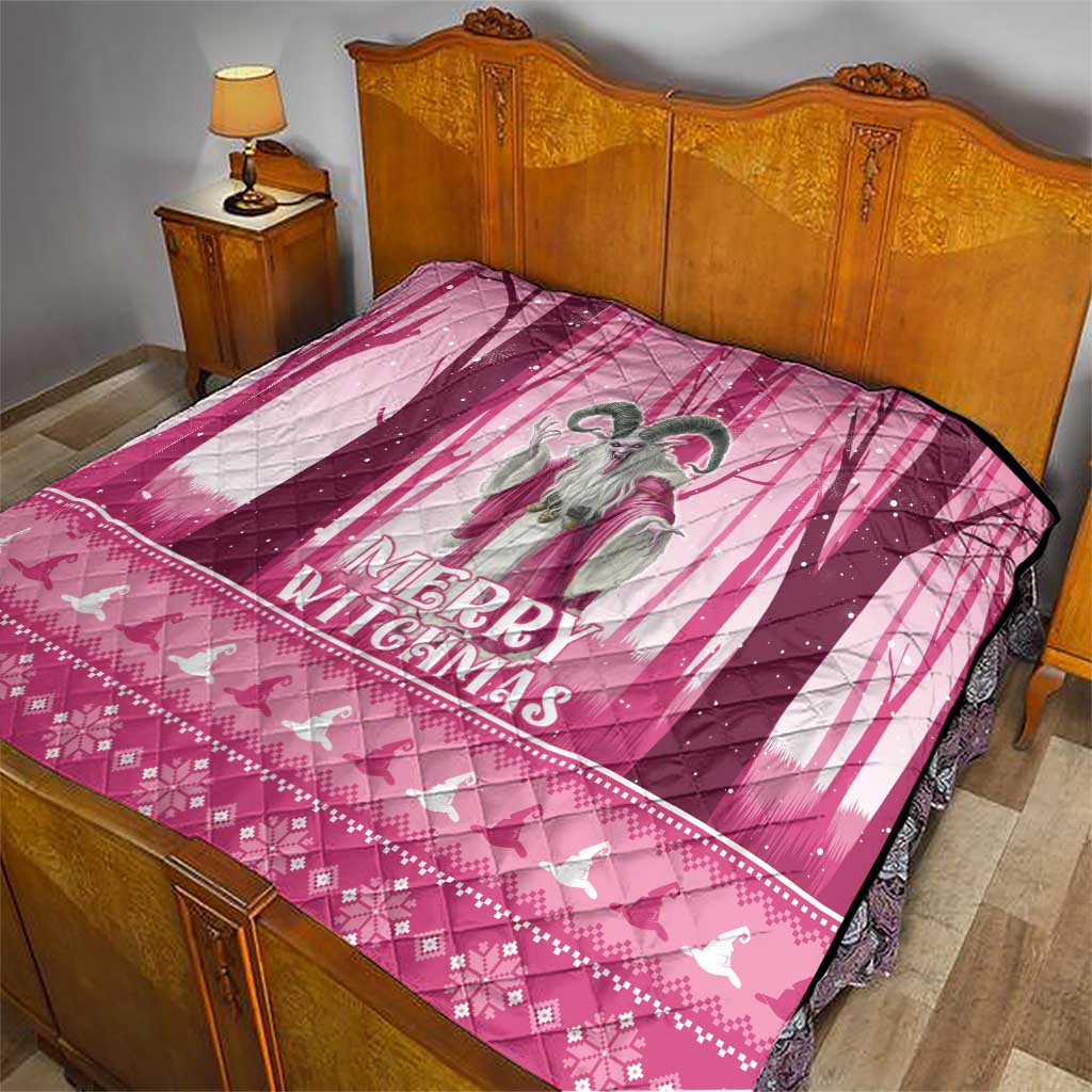 Pink quilt laid on bed with gray witch figure and “Merry Witchmas”
