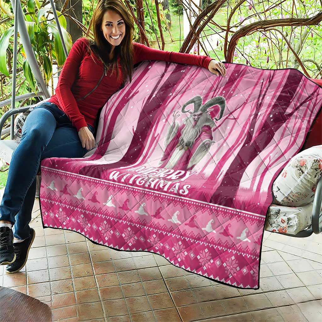 Pink quilt held on couch backdrop, showing gray witch figure and “Merry Witchmas”