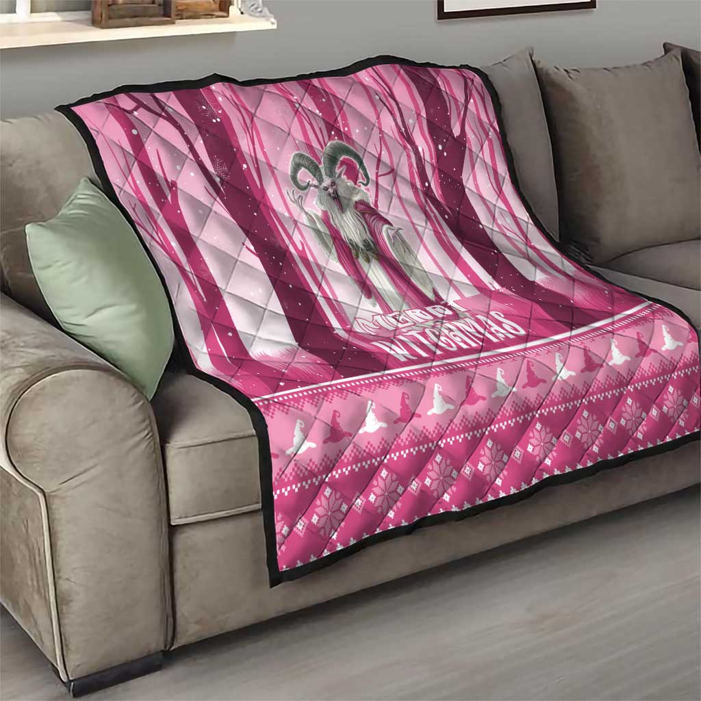 Pink quilt draped over sofa, with gray witch figure and “Merry Witchmas”