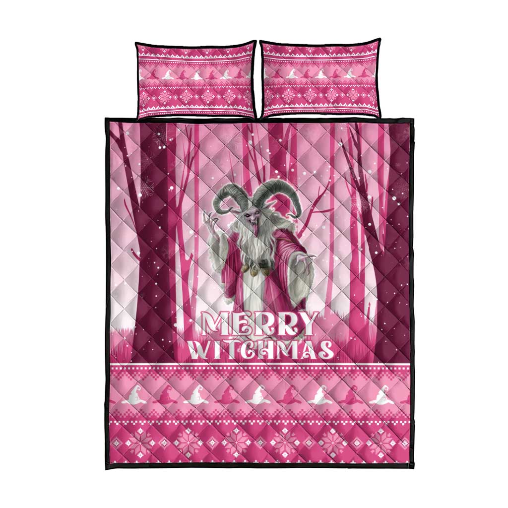 Pink quilt with witch design and “Merry Witchmas” lettering, plus two matching pillowcases